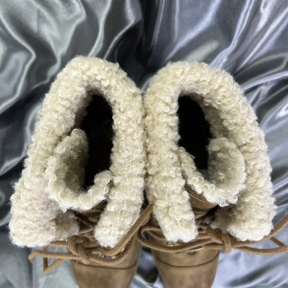 GBG G by Guess Boots Women Sz 9.5 M Brown 4” Heel Lace Up Chunky Lug Fur Booties